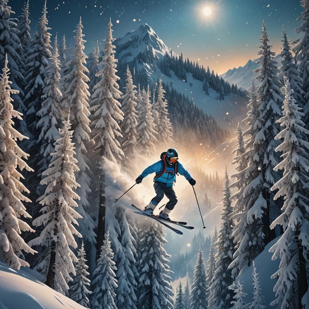 Mystical Skier in a Fantastical Digital Landscape