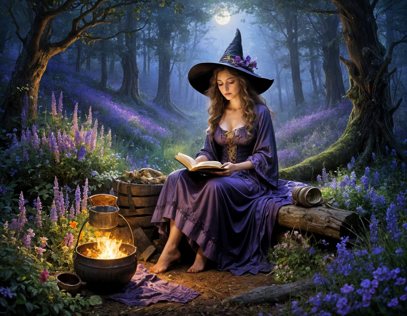 Witch Reading Magic Book in Moonlit Forest
