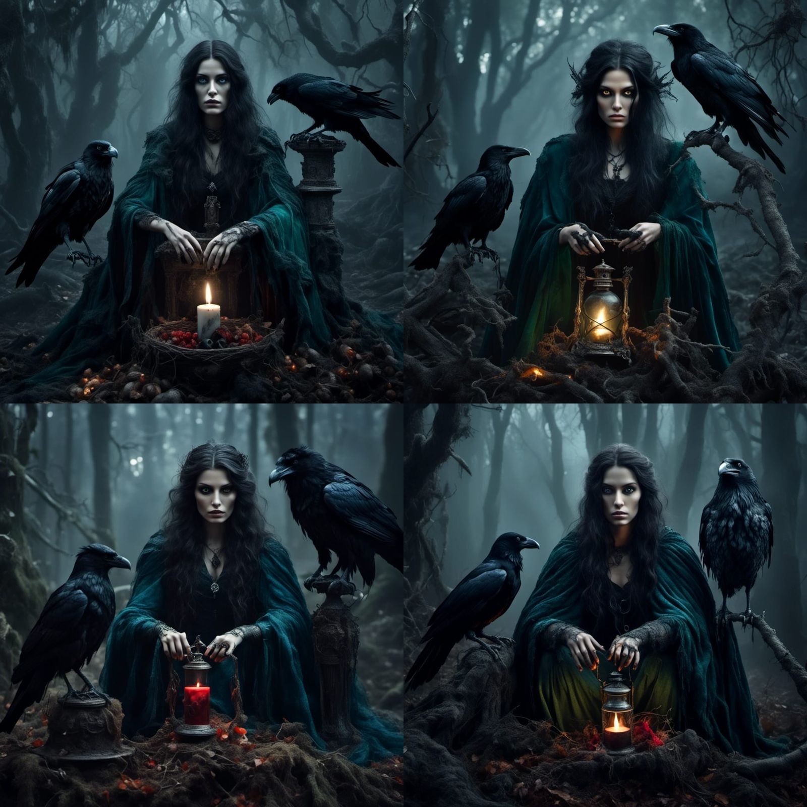 Eerie Forest Witch with Raven, Dark Fantasy