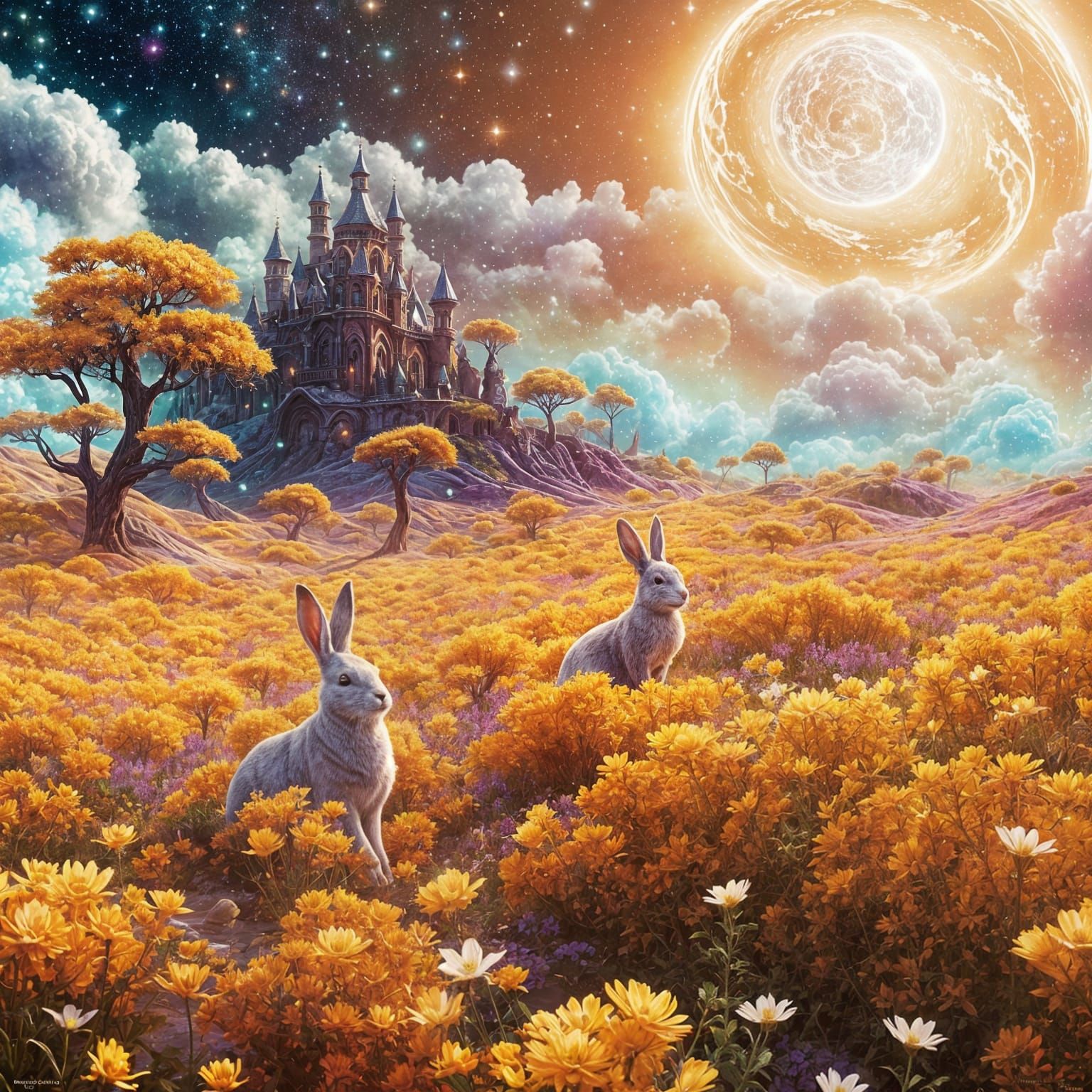 Surreal Dreamscape: Radiant Rabbit in Cosmic Blossom Realm