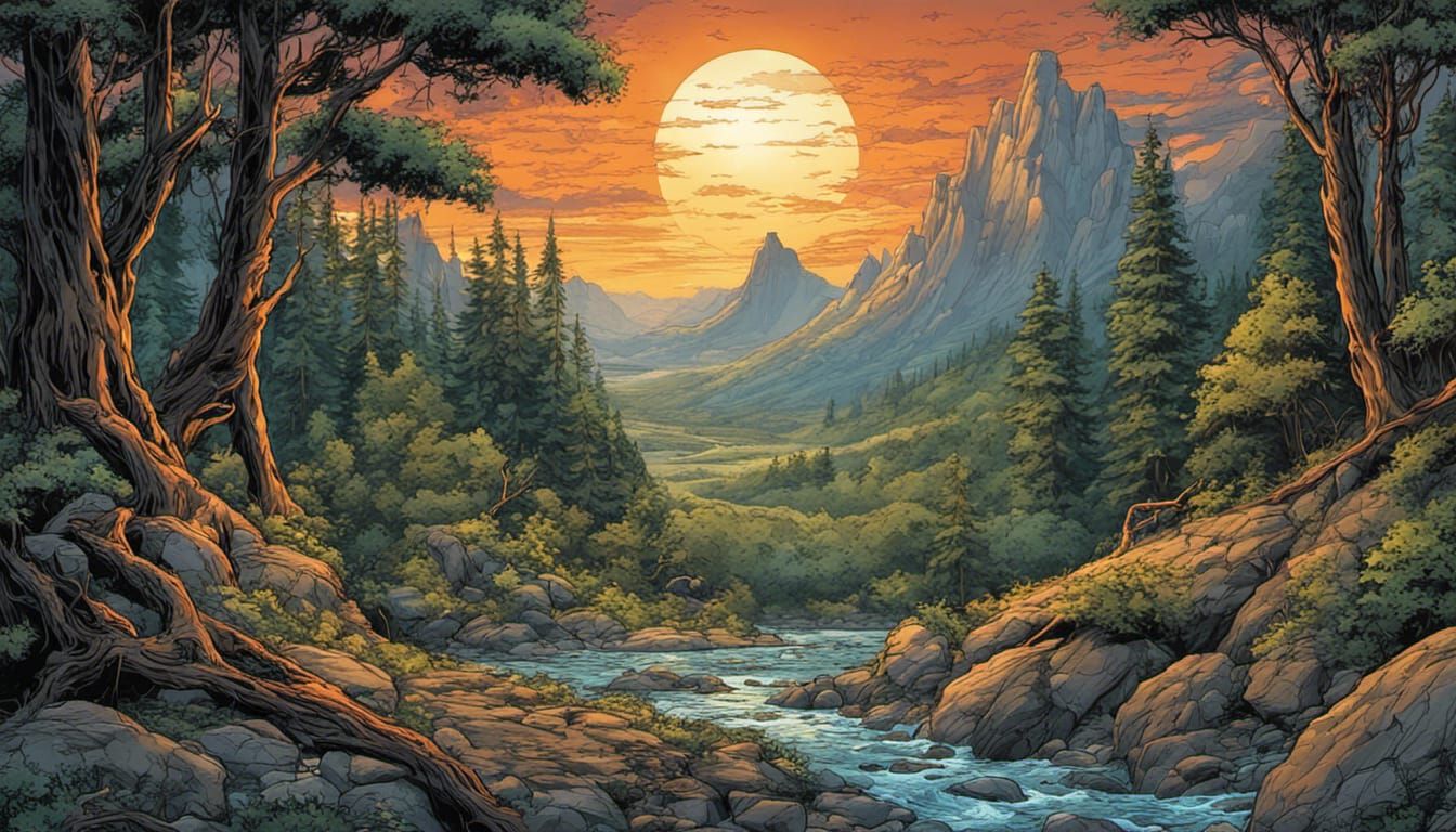 Mountain Landscape Painting in Comic Book Art Style