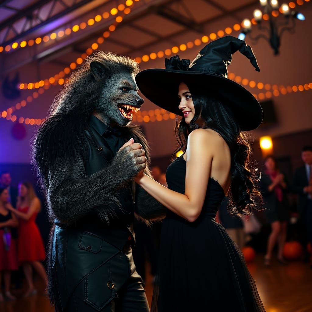 Werewolf and Witch at Halloween Dance