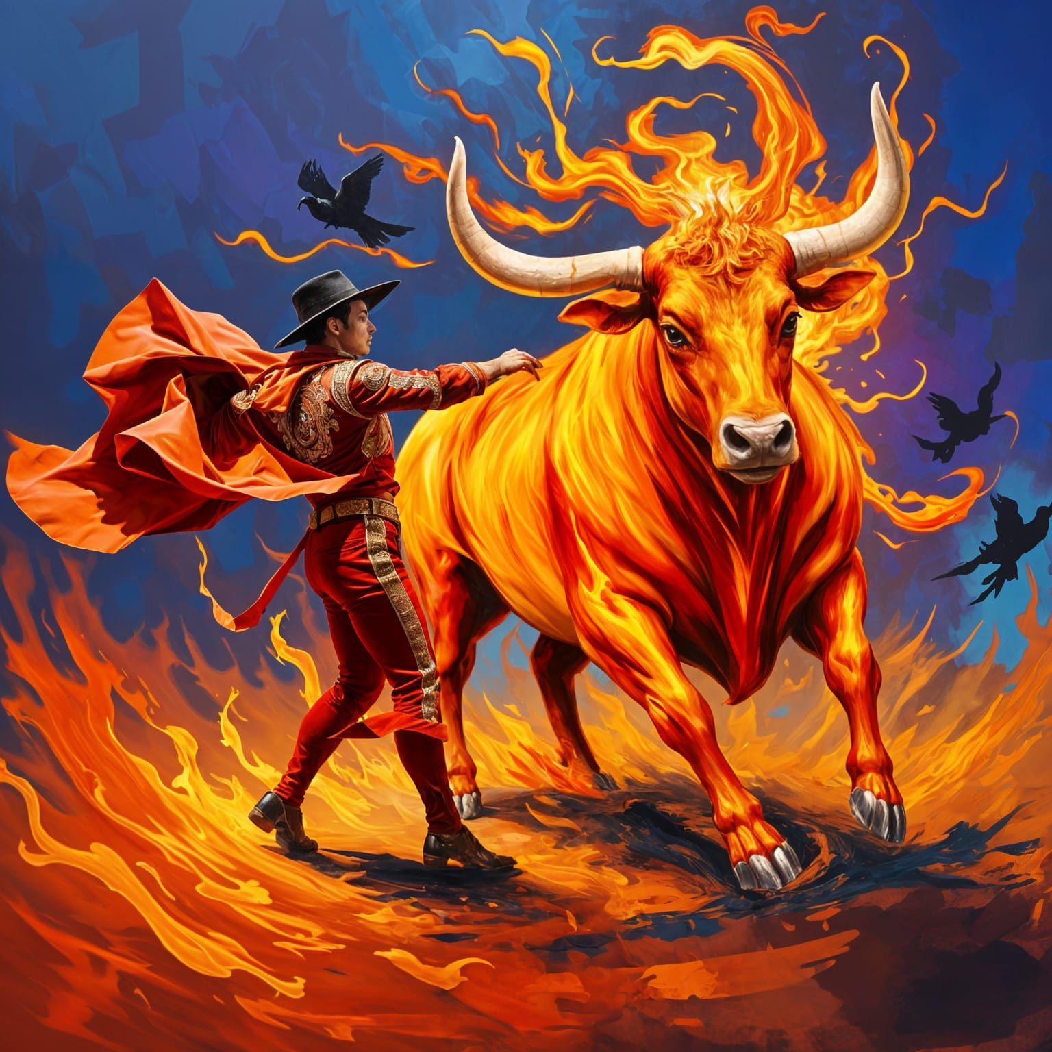 Bold Torero Battles Fiery Bull in Vibrant Colors