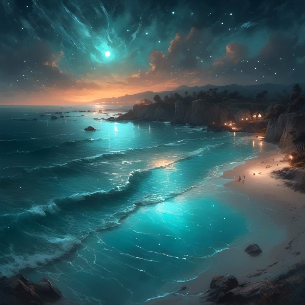 Starry Night Sky Over Bioluminescent Beach