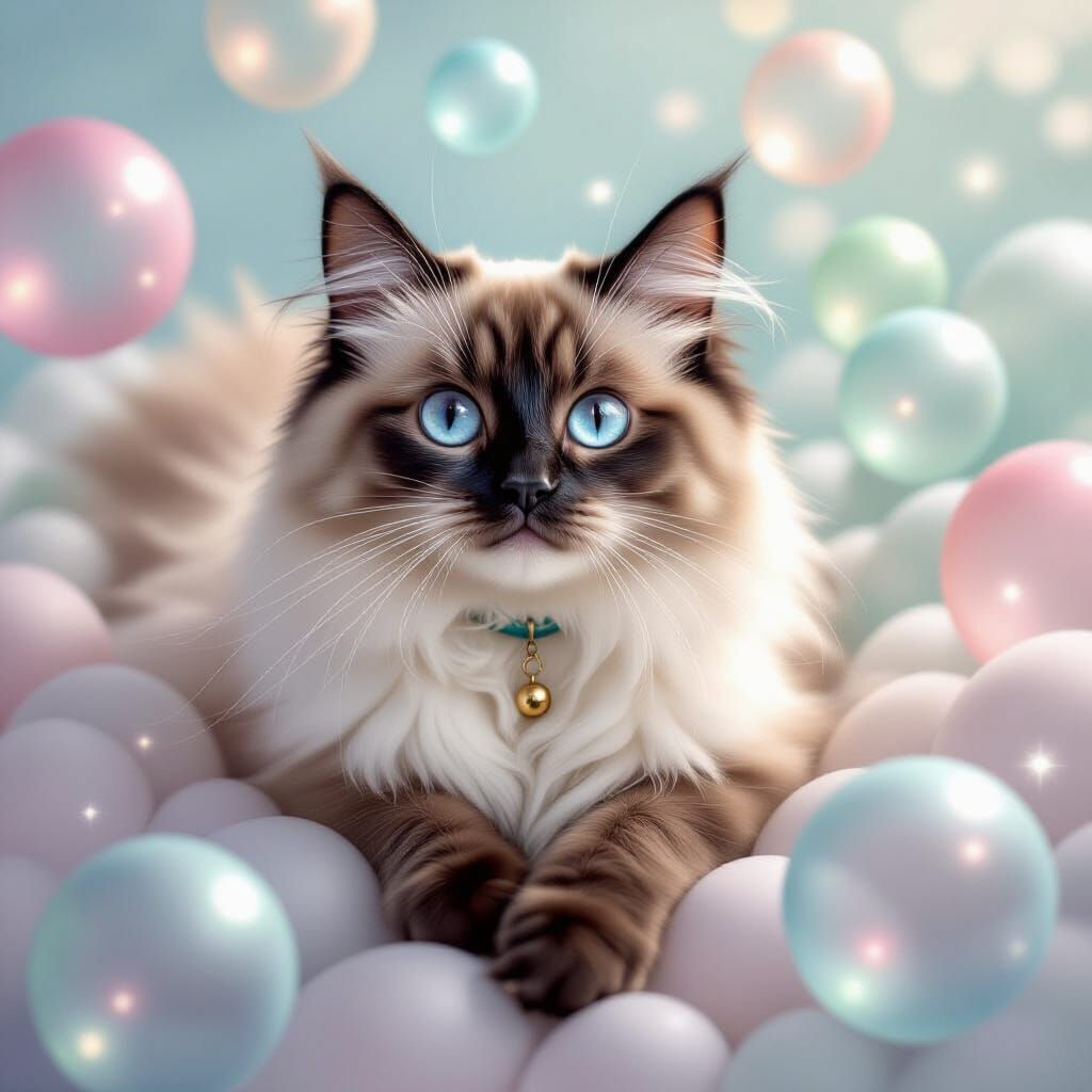 Ragdoll Cat Floating in Pastel Bubbles, Dreamlike Lighting