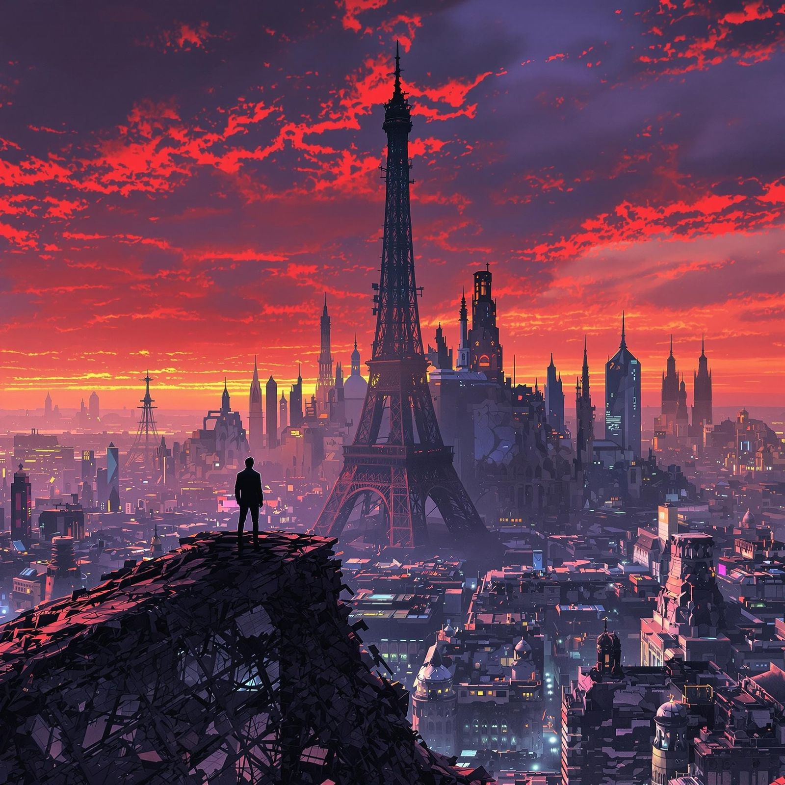 Cyberpunk Eiffel Tower at Dusk