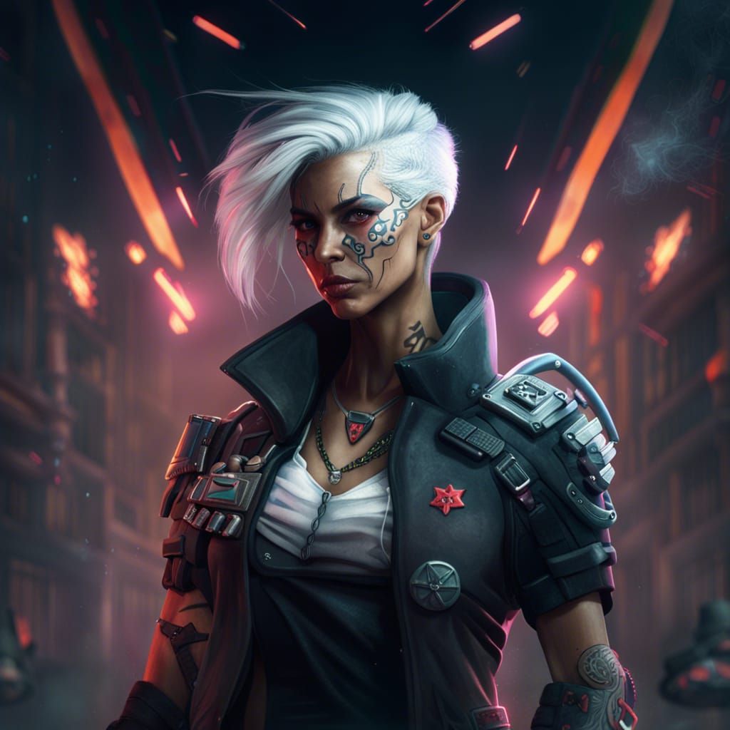 Cyberpunk Medic: White-Haired Warrior with Shield