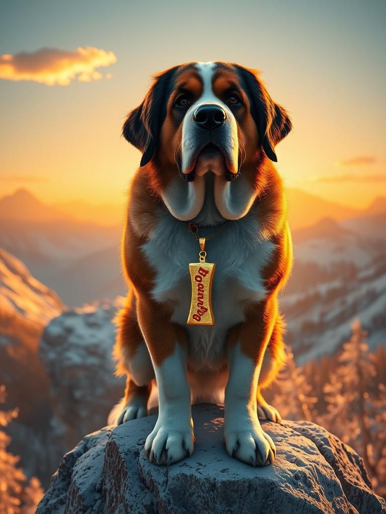 St Bernard Dog with Toblerone Pendant in Alpine Setting