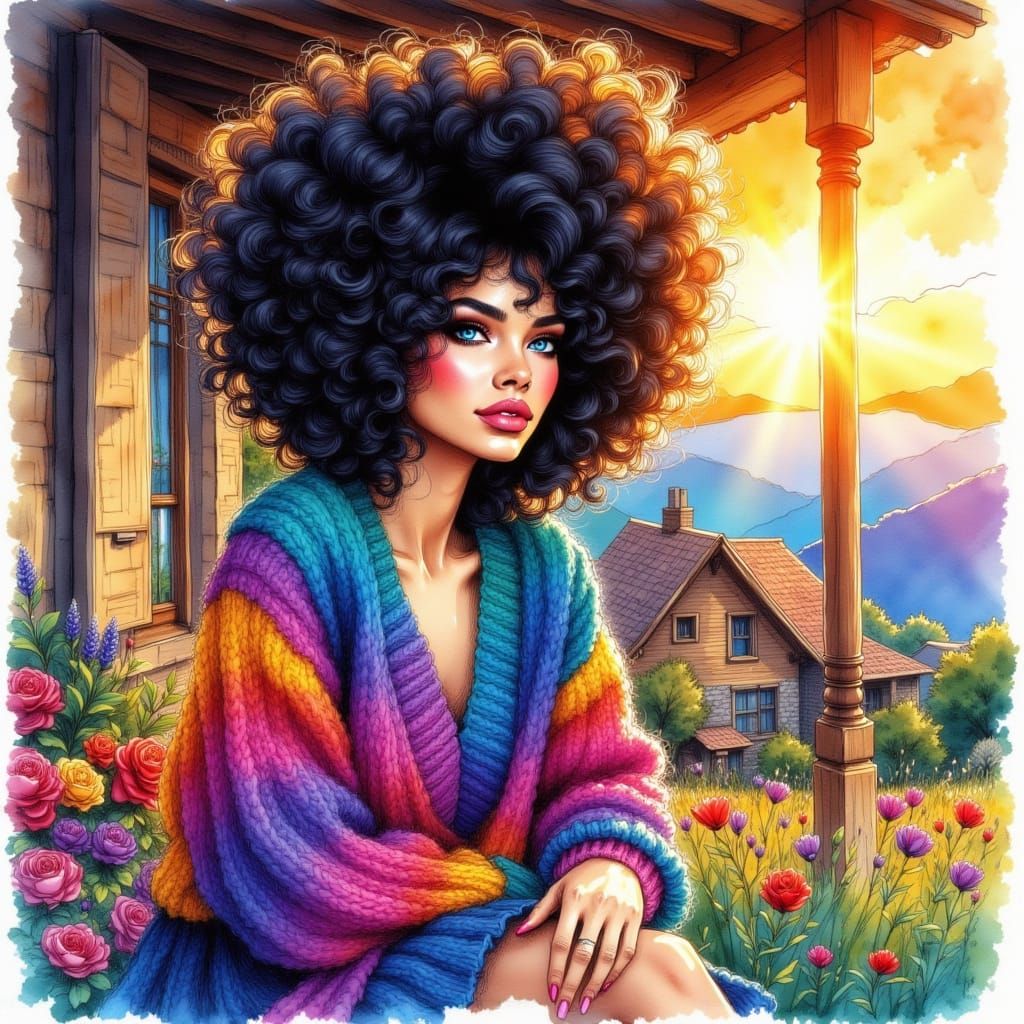 Vibrant Woman in Colorful Sweater, Alcohol Ink Style