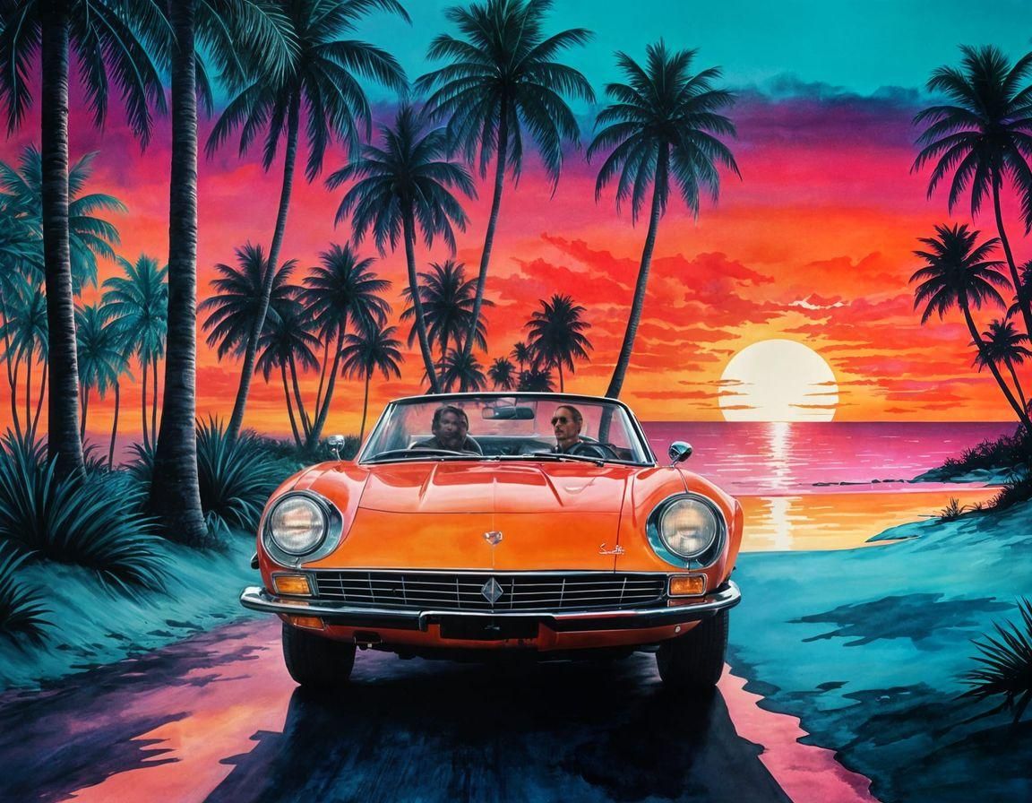 Miami Vice Sunset: Hyperreal Watercolor Painting