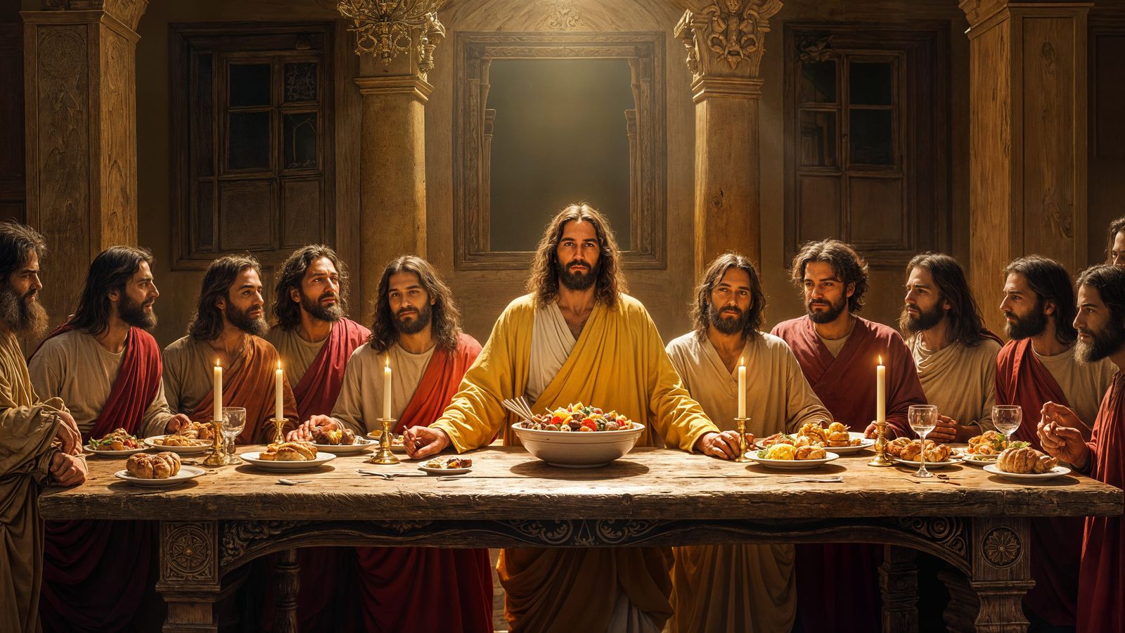 The last supper featuring Jesus standing behind a long wooden table and eleven of  the twelve disciples sat either side ...