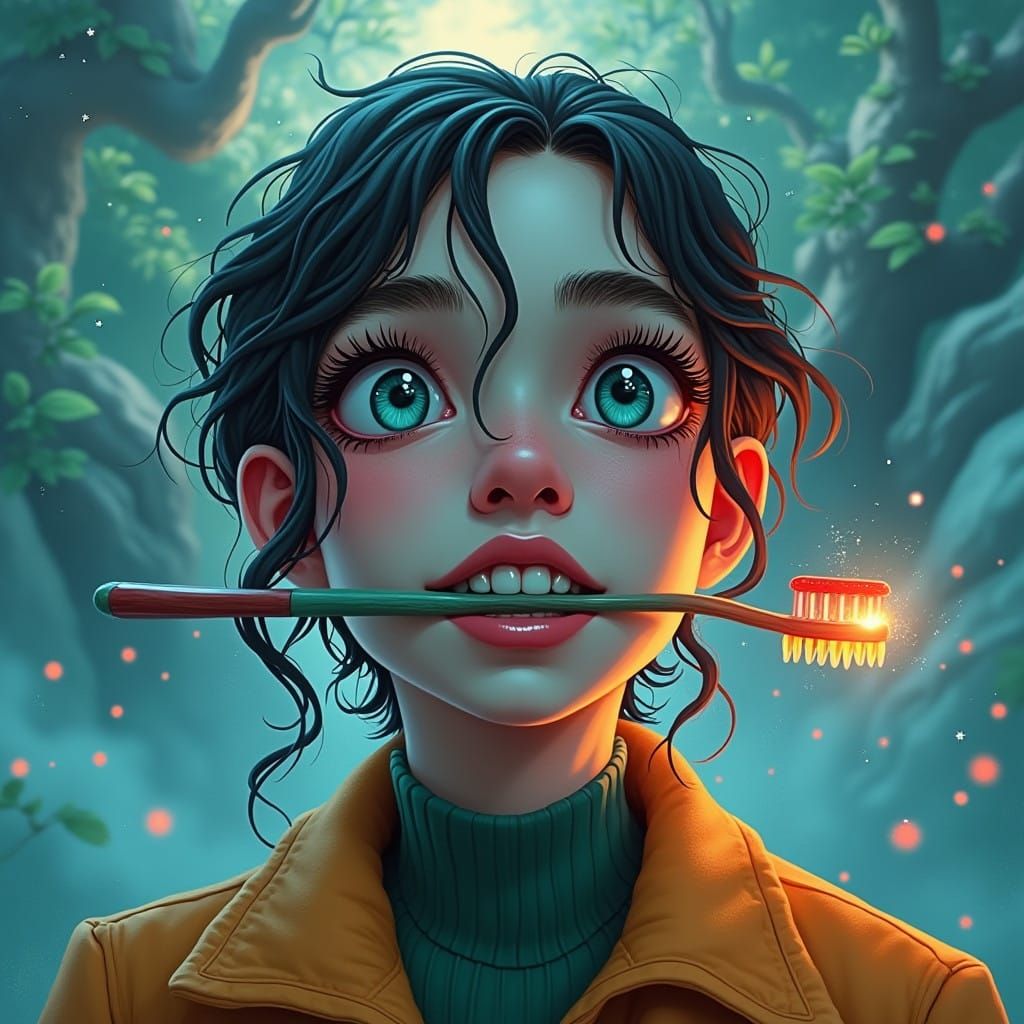 Woman in Dreamlike Landscape with Toothbrush