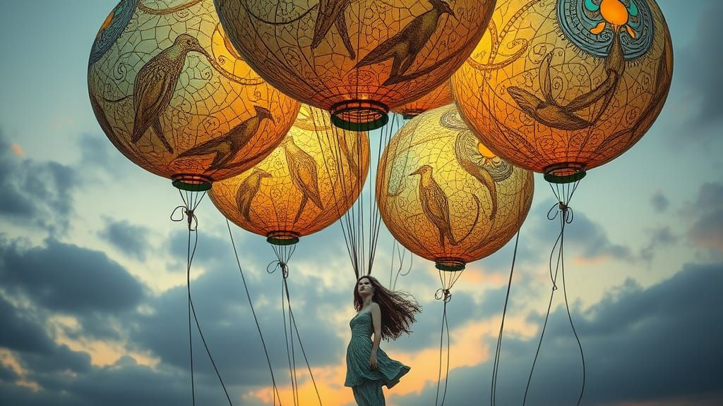 Surreal Floating Woman Sculpture with Iridescent Balloons