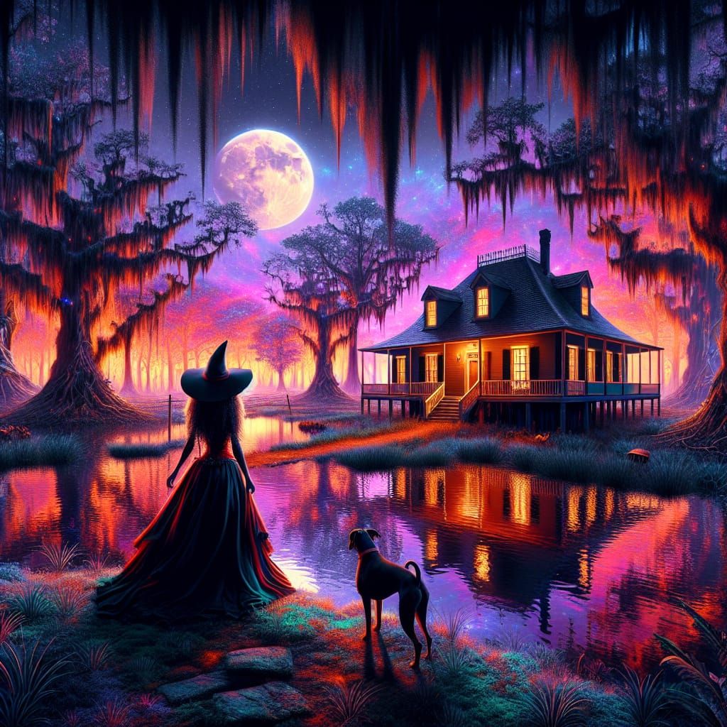 Louisiana Swamp Witch Under the Moon in Fantasy Art