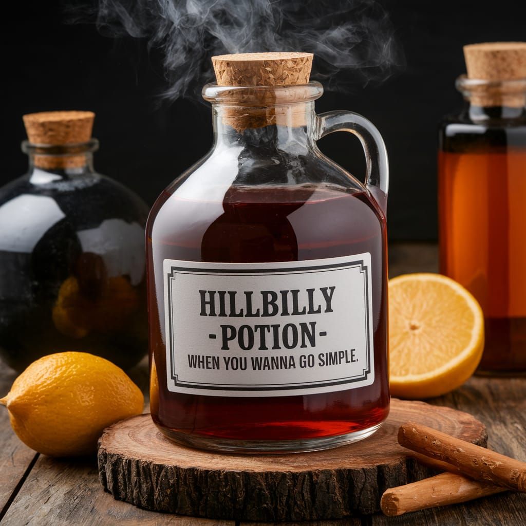 A simmering potion in a moonshine jug with the label "Hillbilly Potion--When You Wanna Go Simple."