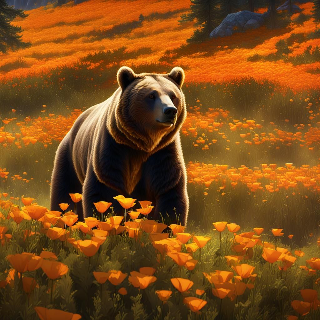 Black Bear and Golden Poppies