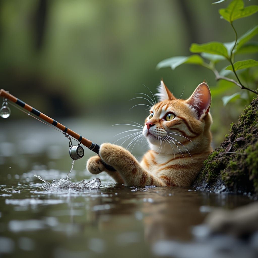 Hyperrealistic Cat Fishing in Creek: HDR Masterpiece