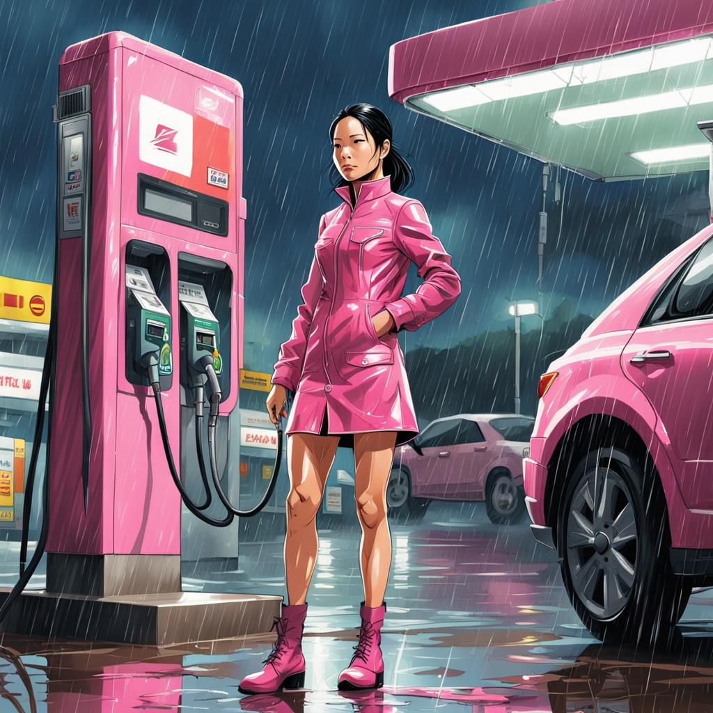 Lucy Liu in Pink Leather Dress, Manga Art