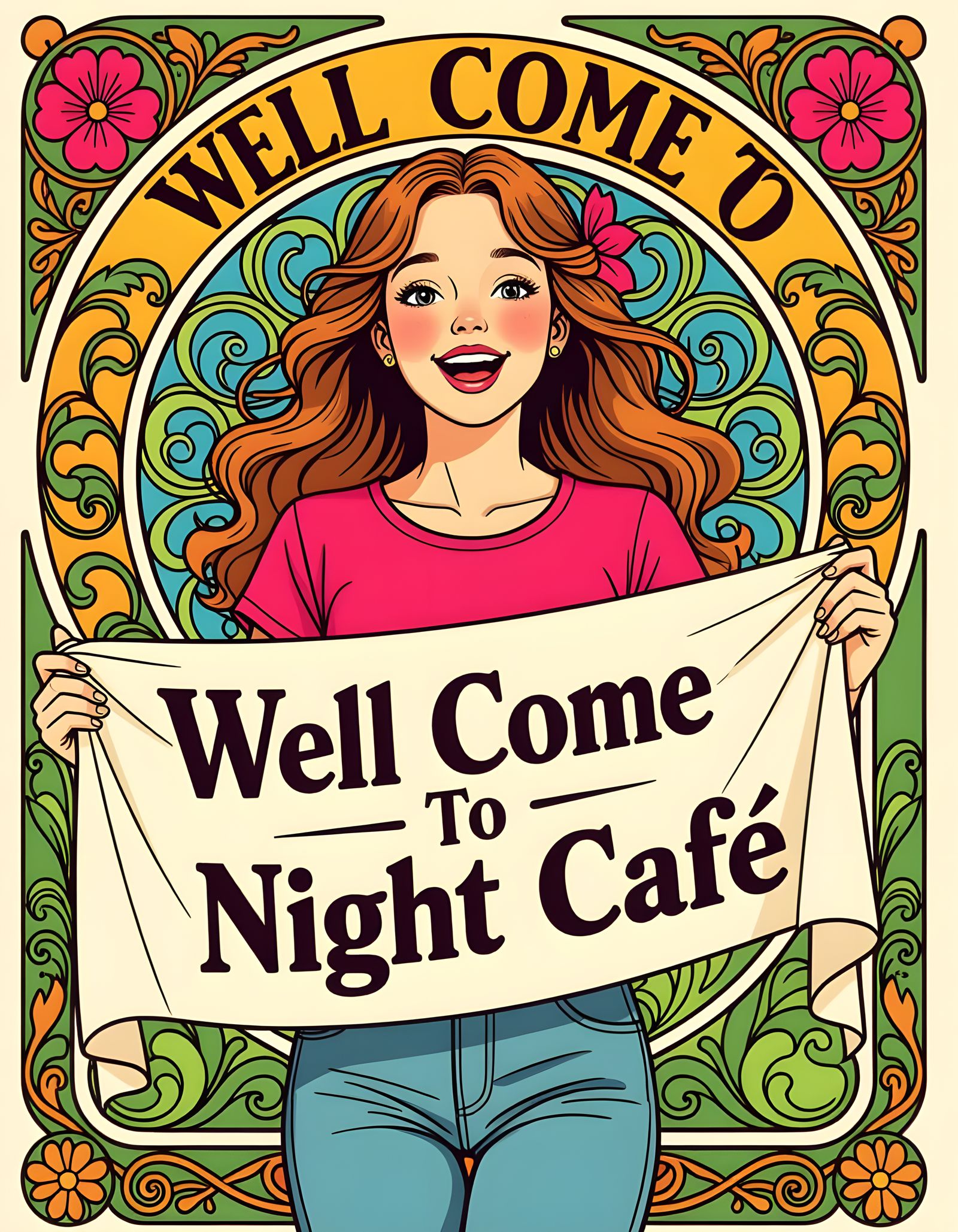 Girl Holding Welcome Banner for Night Cafe