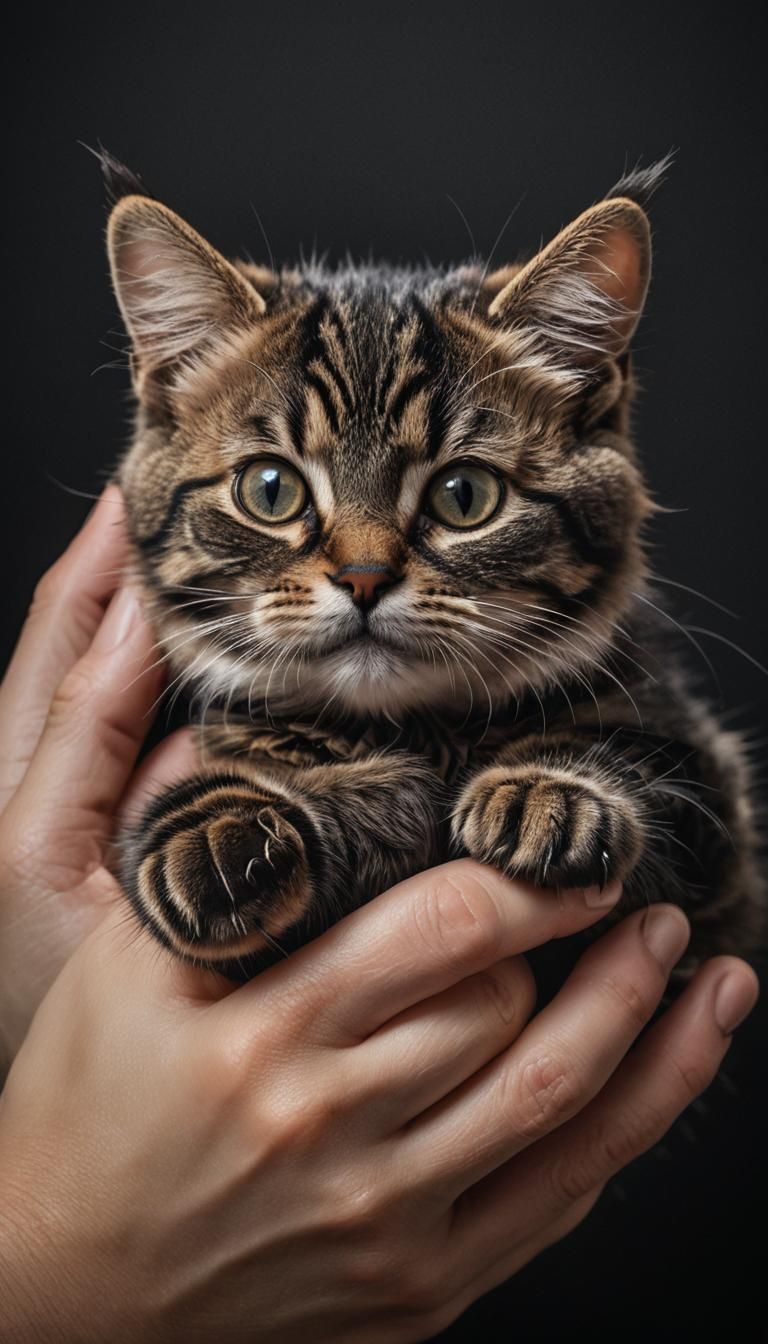 Small Cat Resting in Hand: Hyper-Realistic Photography