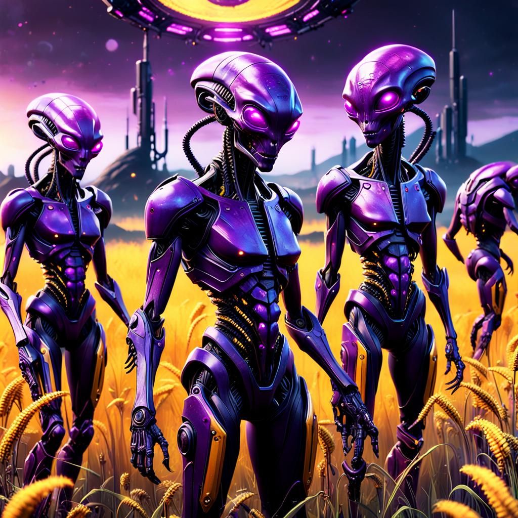 Cyberpunk Aliens Enjoying a Field in Dark Fantasy Style