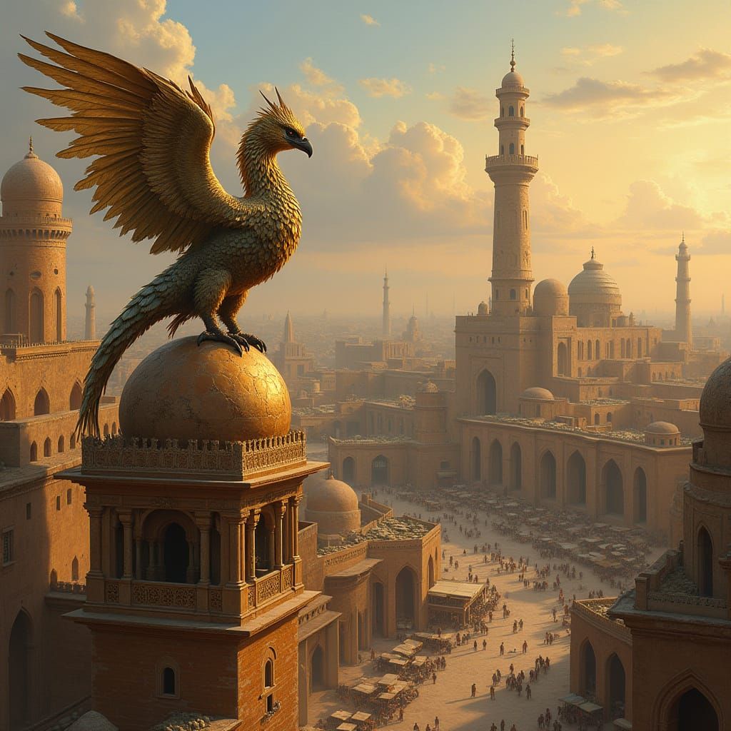 Griffin Overlooking Ancient City as Oil Painting
