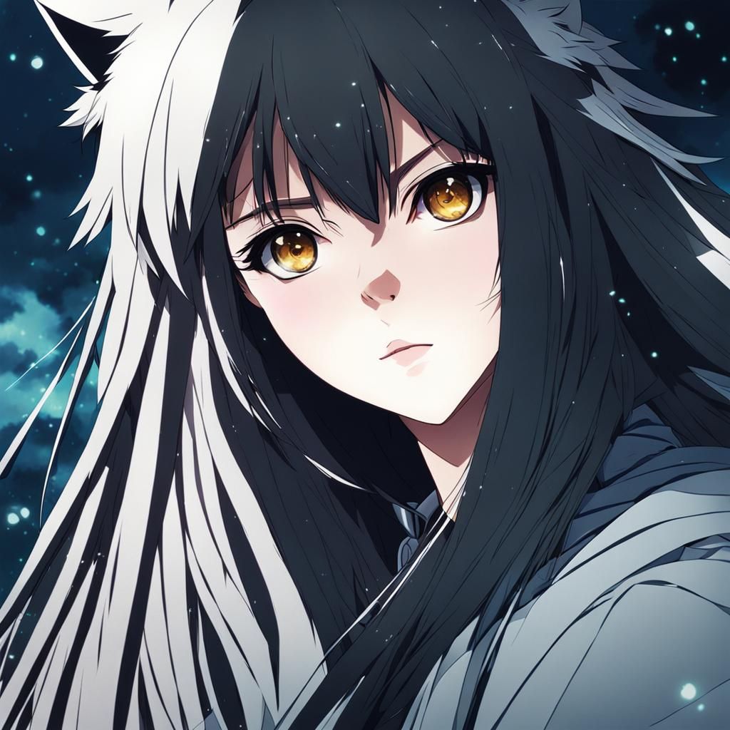Anime Wolf Girl with Dark Hair, Cel-Shaded Style