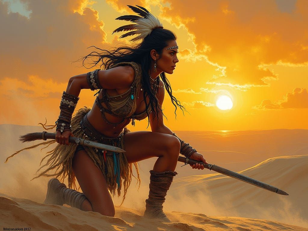 Fierce Native American Warrior Woman in Defensive Crouch