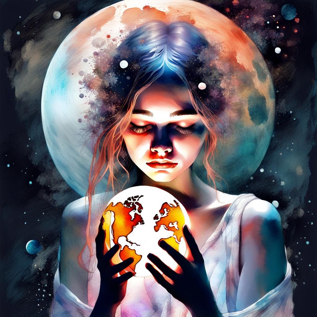 Girl Holds Earth in Watercolor Fantasy