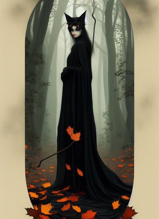 Halloween Queen with Black Cat in Autumn Mist