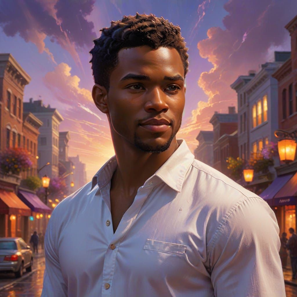 Young Black Man in Warm Cityscape