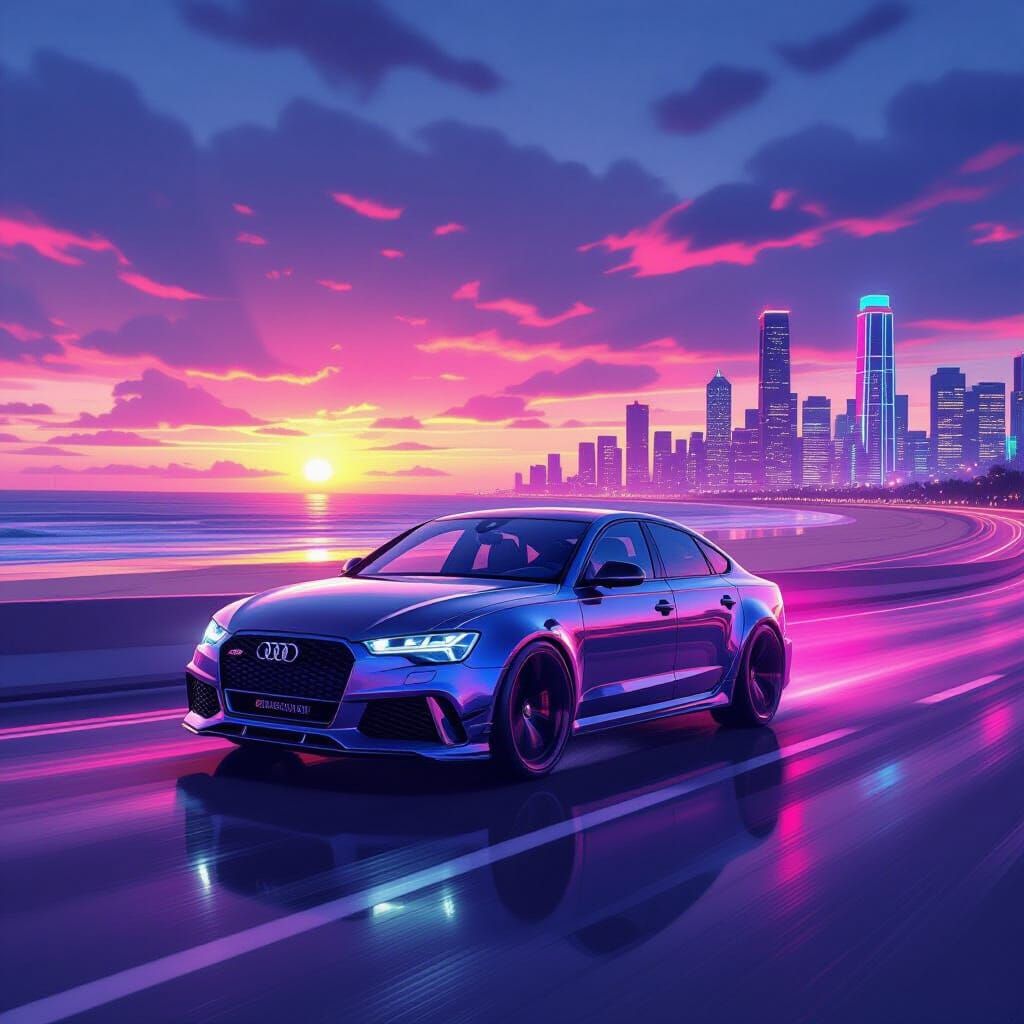 Audi RS6 Speeds Down Synthwave Freeway at Sunset