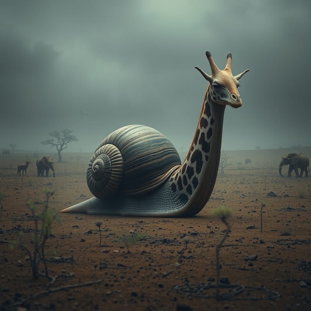 Surreal Savannah: Giraffe-Necked Snail in Desolate Landscape
