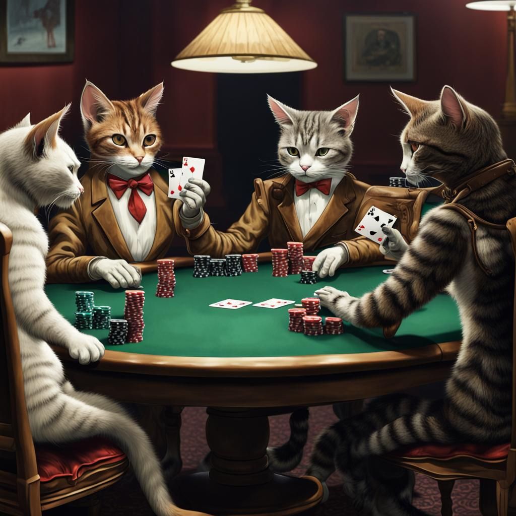 Humanoid Cats Play Poker in Pool Hall