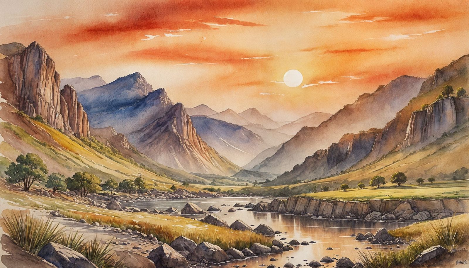 Surreal Rocky Landscape Watercolor Painting