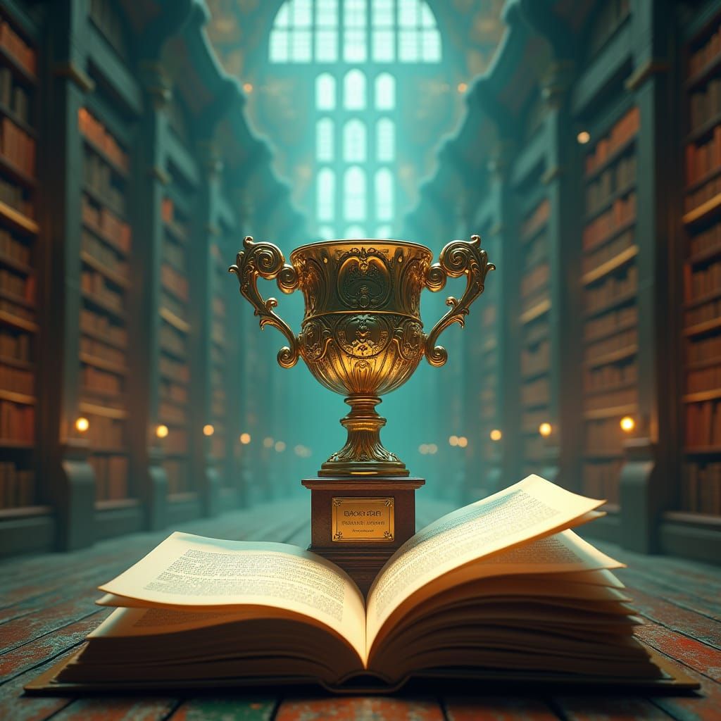 Mystical Library: Booker Prize Trophy in Ethereal Light