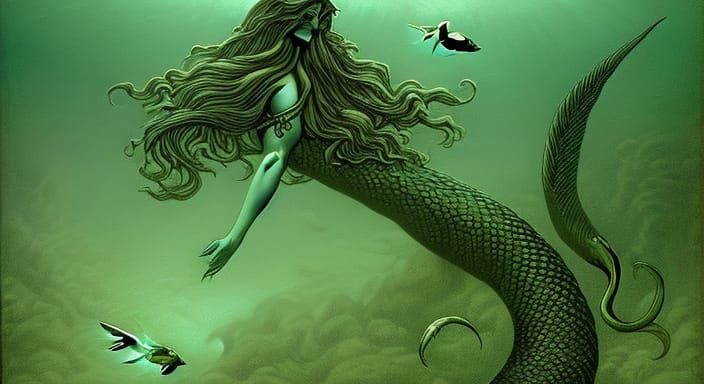 Sinister Mermaid in Horror Engraving Style