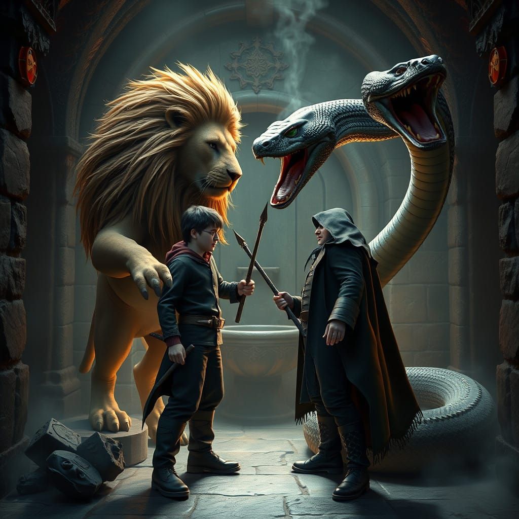 Gryffindor Lion Battles Slytherin Snake in Ancient Toilet of...
