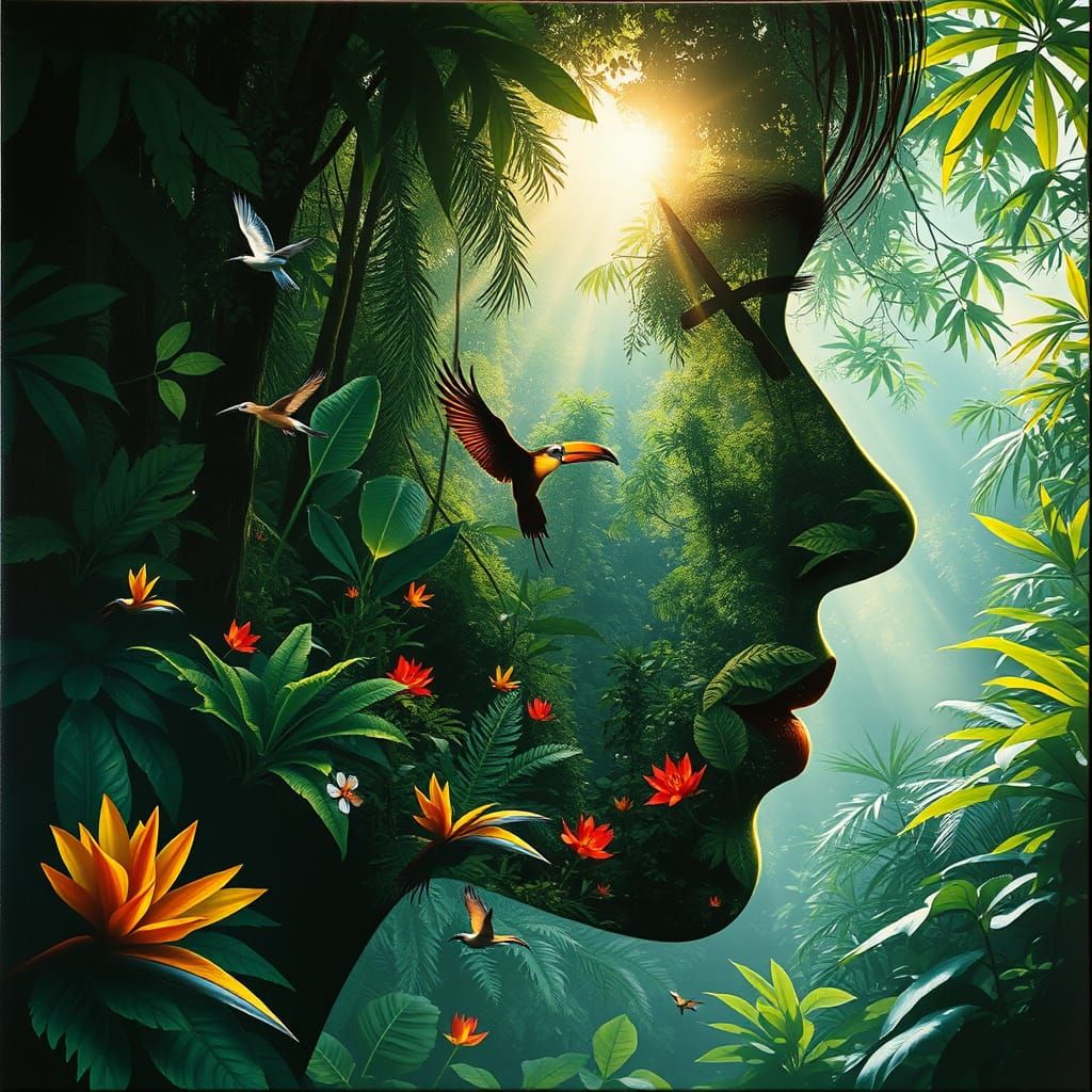 Mother Nature's Jungle Portrait: Double Exposure Oil Paintin...