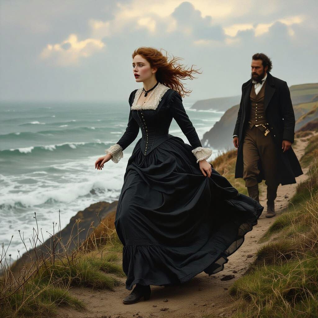 Victorian Woman's Cliffside Warning: Pre-Raphaelite Style