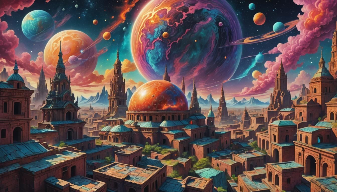 Exoplanet with Ancient Buildings: Cosmic Surrealism