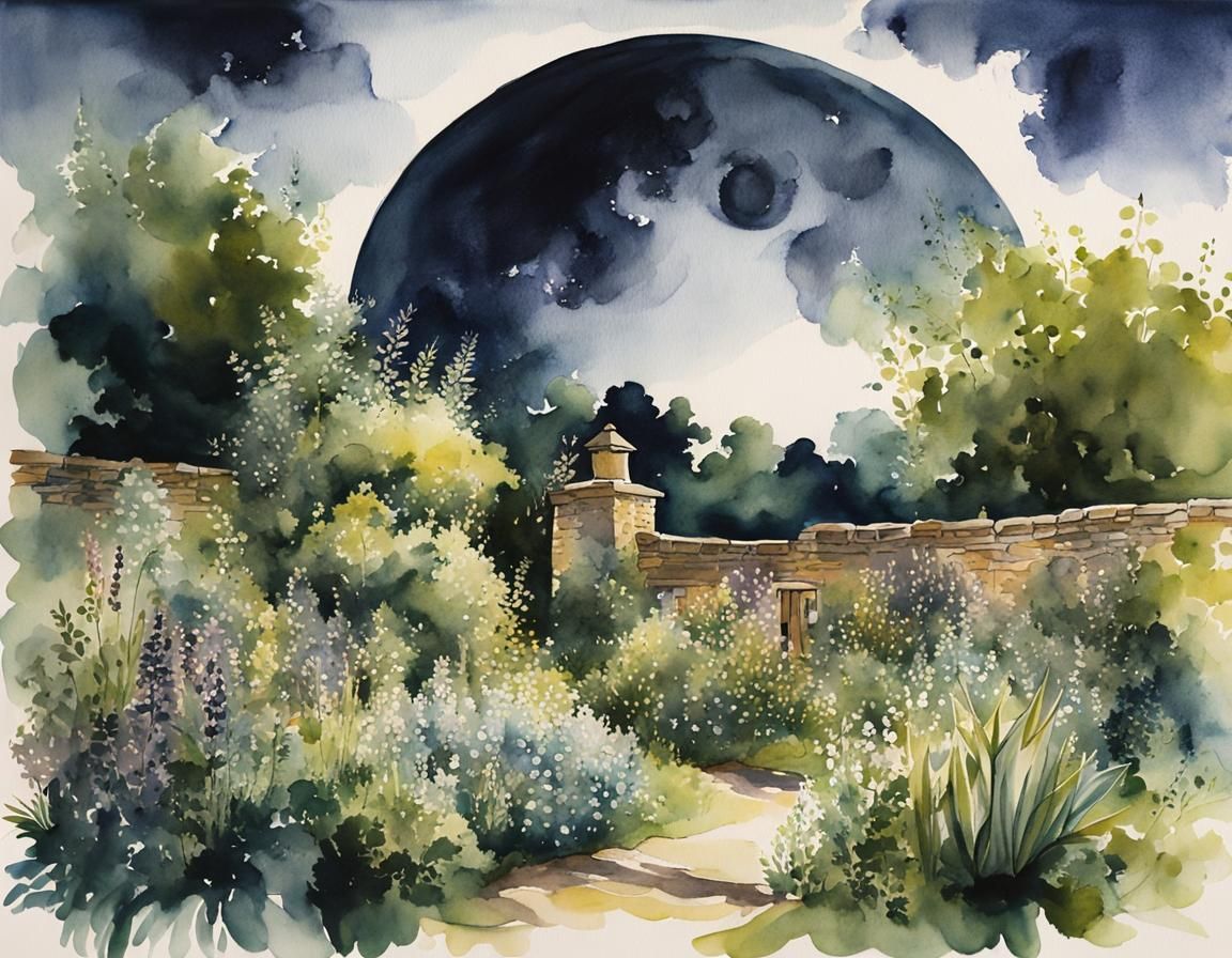 Herb Garden Under Moonlight: Watercolor Impression