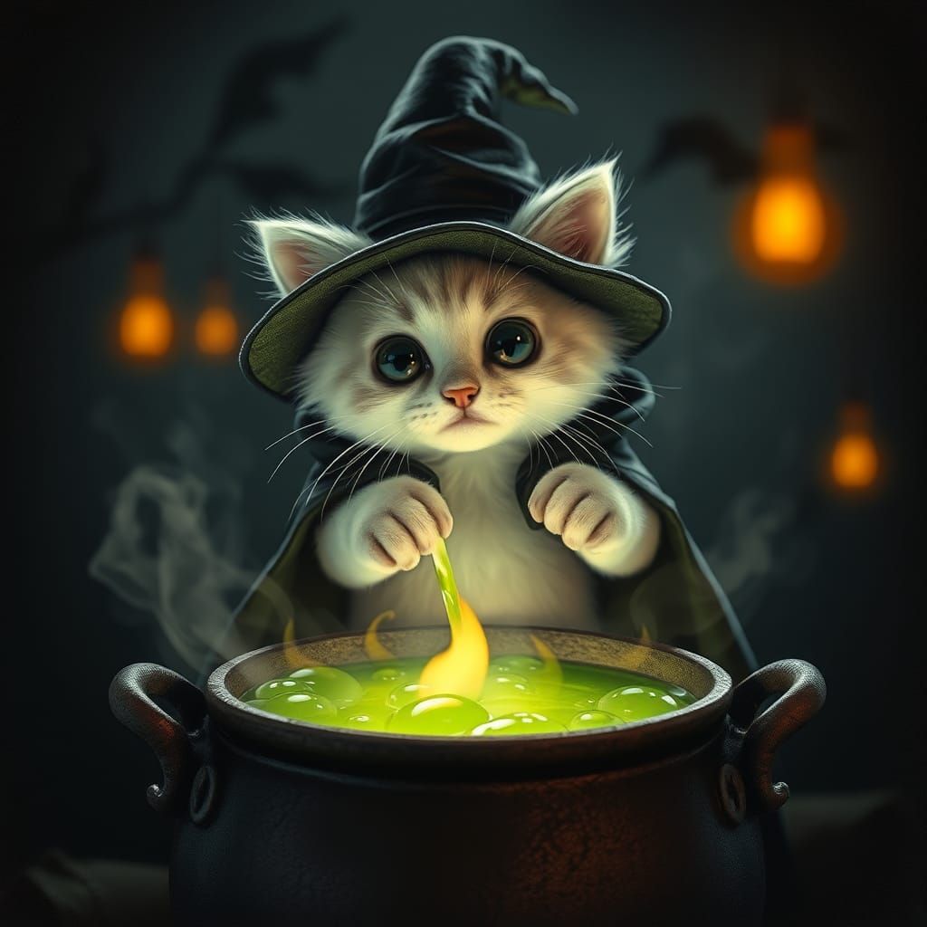 Whimsical Cat Witch Brewing Potion