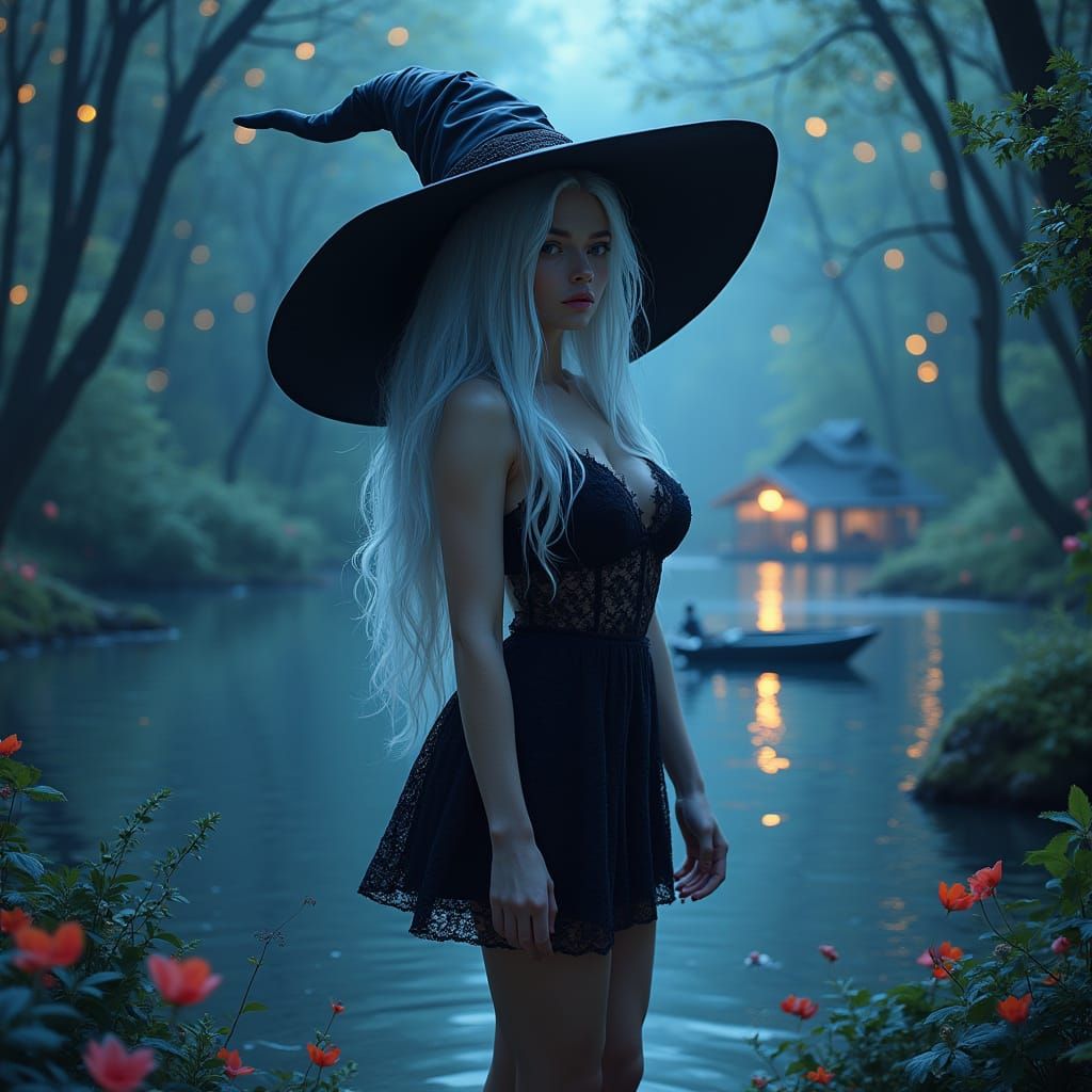 Curvy Witch in Bioluminescent Forest Illustration