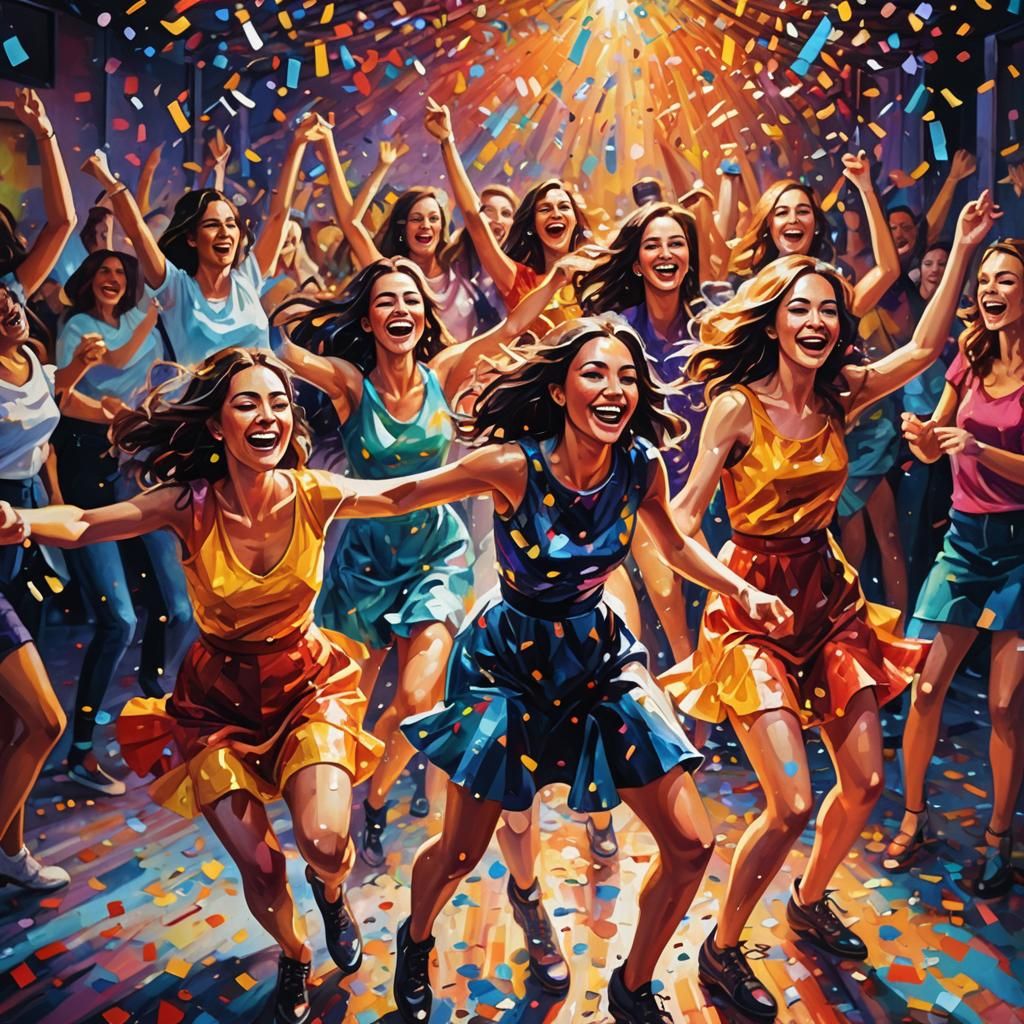 Joyful Girls Dancing: A Vibrant Oil Painting