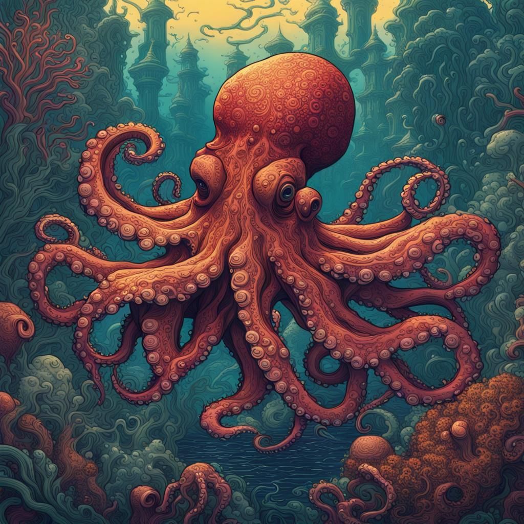 Octopus Garden: Intricate Lino Print in Deep Color