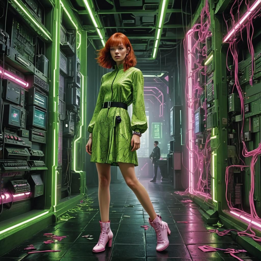 Woman in Matrix with Neon Dress and 2000s Design