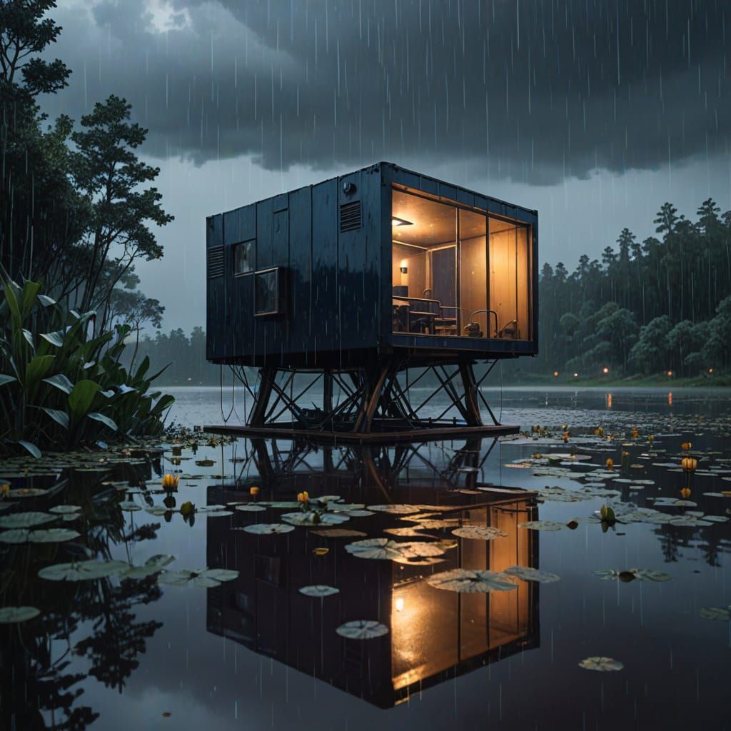 Sleek Futuristic Cabin Over Misty Lake