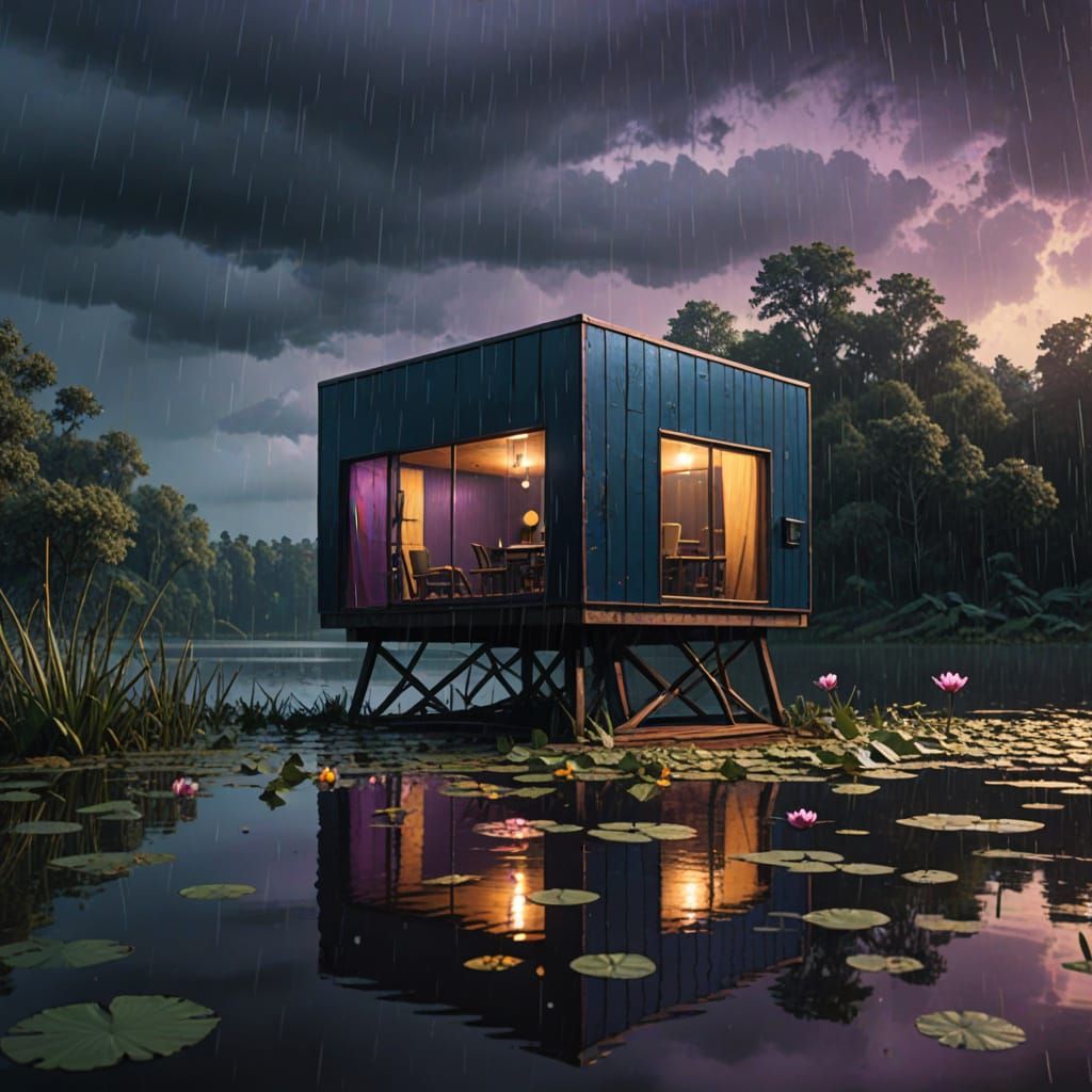 Sleek Cube-Shaped Cabin Amidst Moody Lotus Lake in Heavy Rai...