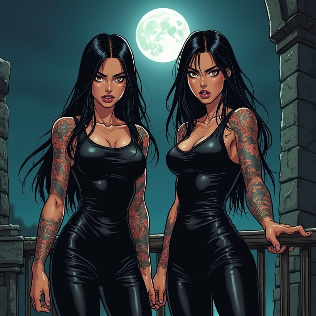 Dynamic Asian Twins in Comic Book Style